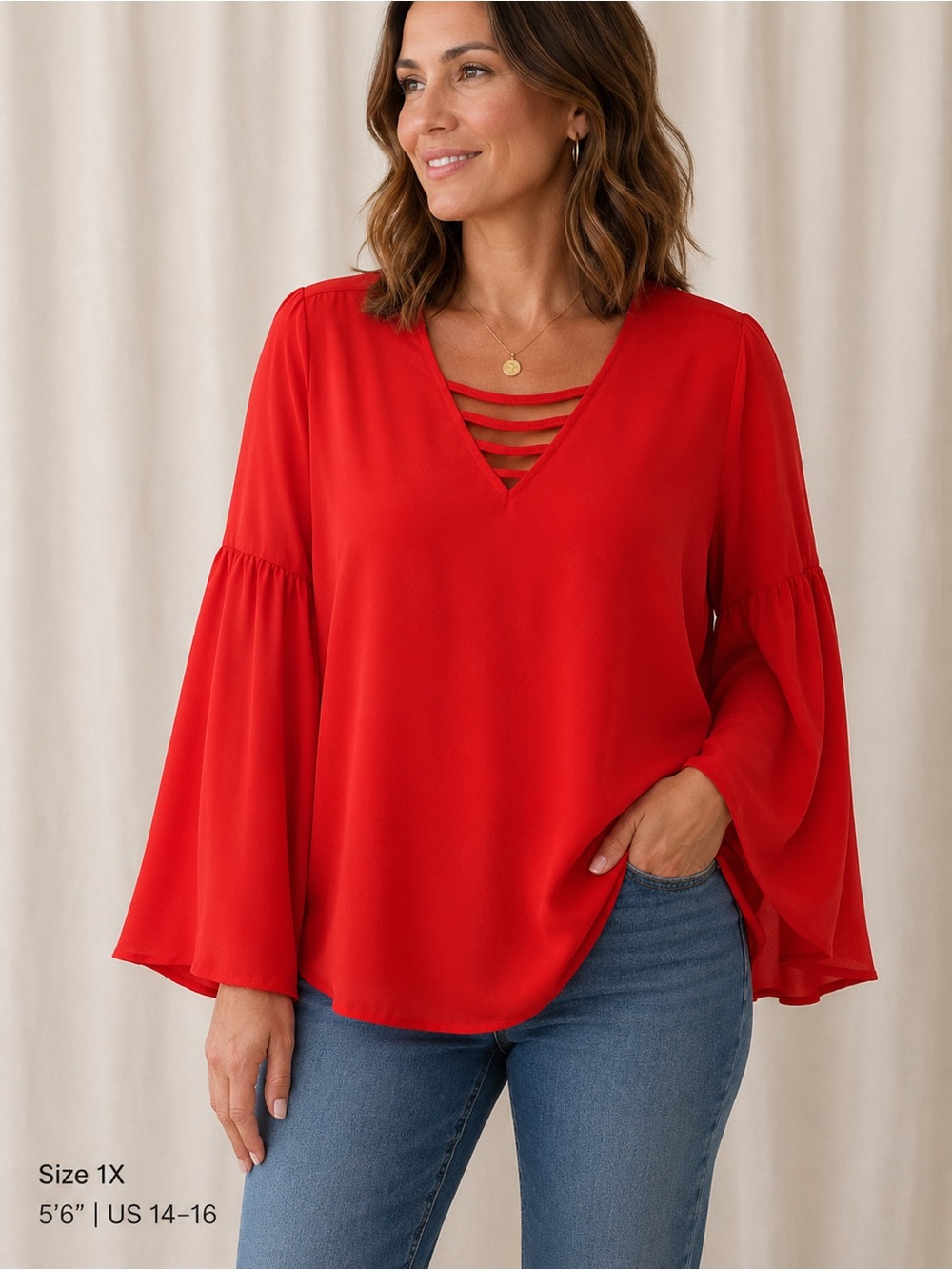 Belle Sky Red Blouse XXL NWT Bell Sleeve Strappy V Neck Flowy Tunic